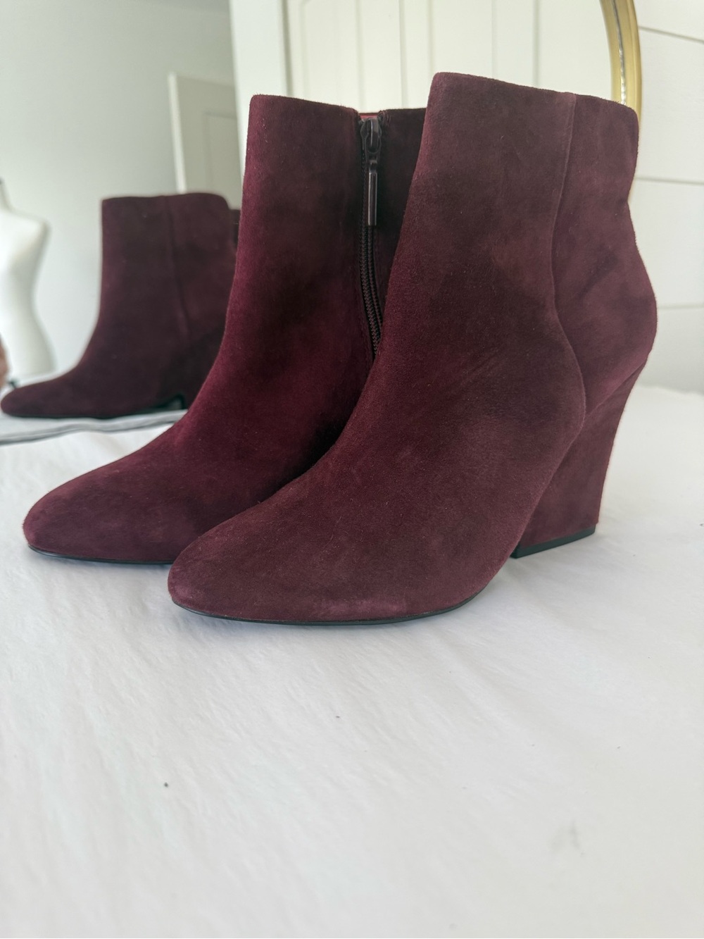 Next Brand from the UK.  Burgundy Suede Wedge Ankle Boots